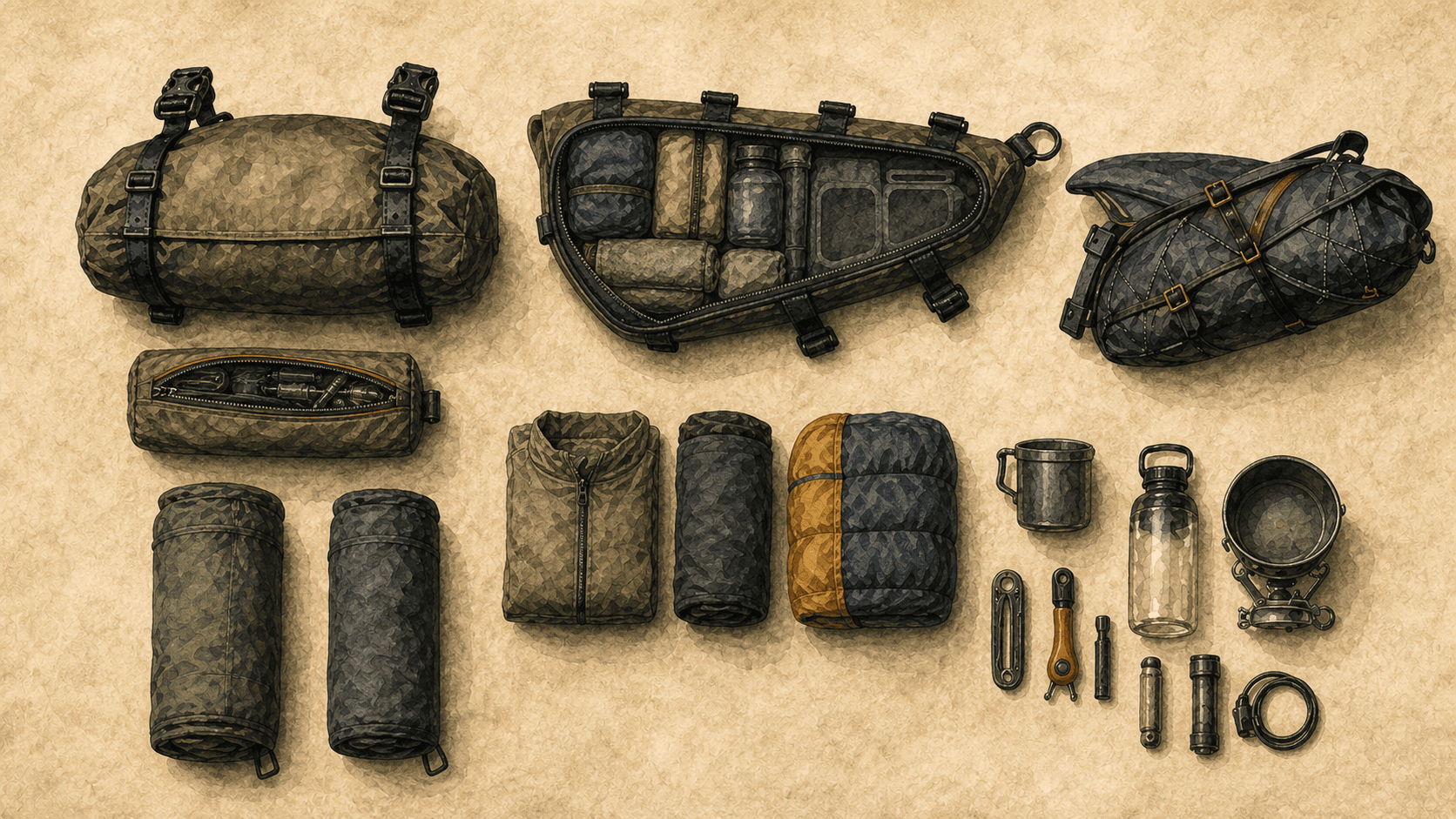 Bikepacking bags and compact camping equipment arranged to show capacity planning