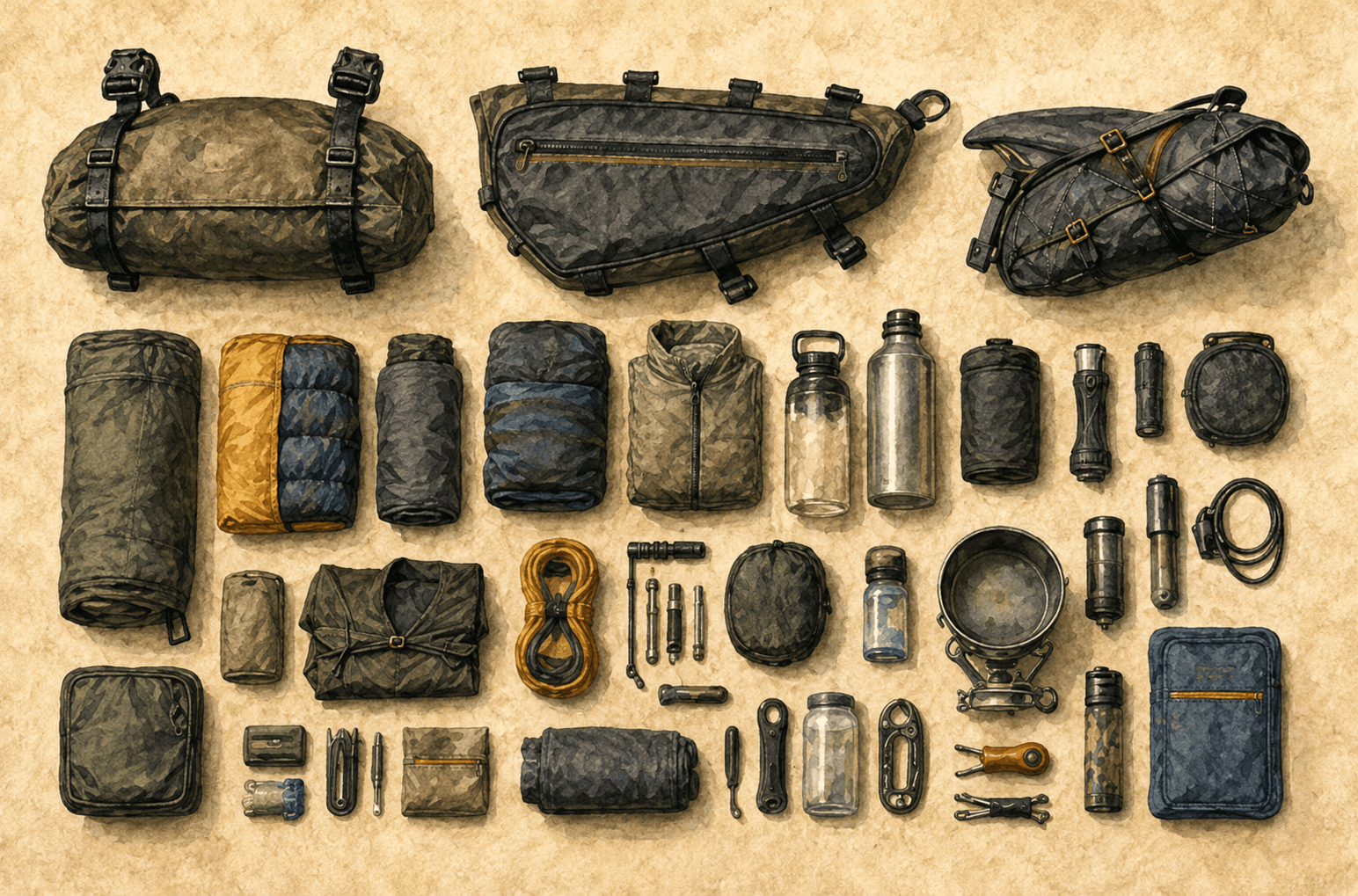 Bikepacking overnight setup with bags and gear organised as a packing list