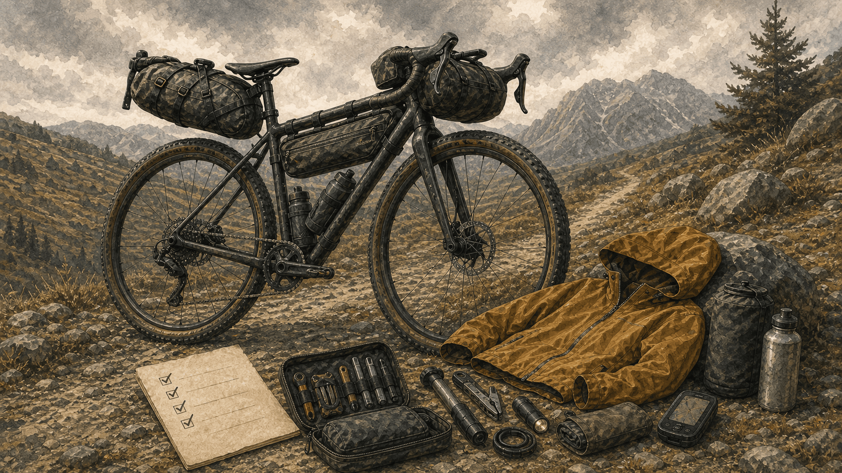Loaded bikepacking bicycle with tools, weather layer, navigation device, and a departure checklist