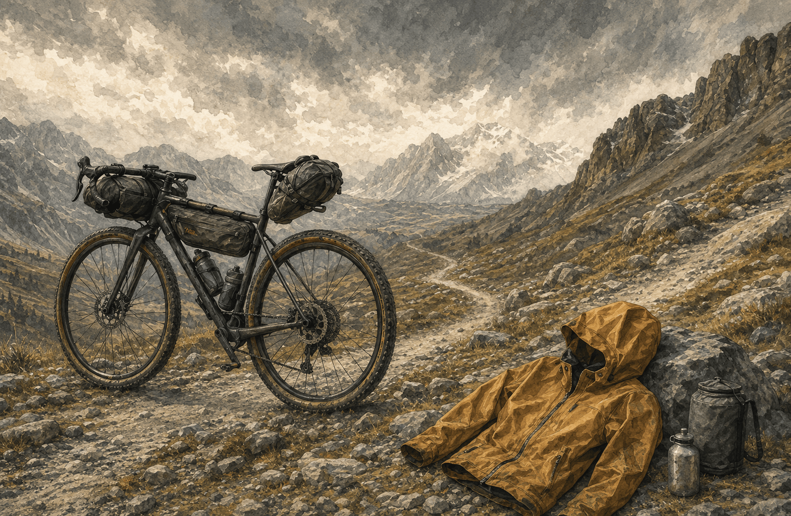 Loaded bikepacking bicycle showing frame, saddle, handlebar, and accessory bags